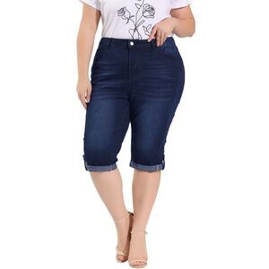 Plus Size Denim Capri for Women Mid-Rise Curvy Skinny Stretch Jean Dark Blue